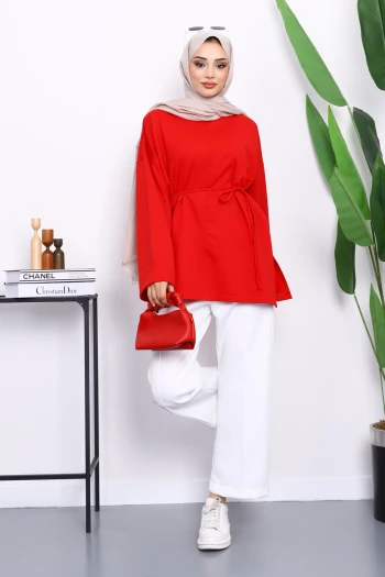 Kırmızı Yanları Yırtmaçlı Bel İpli Tunik