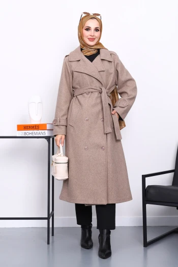 Koyu Bej Kruvaze Yaka Kuşaklı Kaşe Kaban