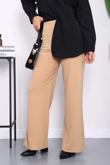 Koyu Bej Yan Fermuarlı Yüksek Bel Pantolon