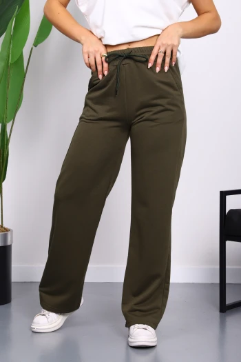 Koyu Haki Bel Lastikli İki İplik Palazzo Eşofman Alt