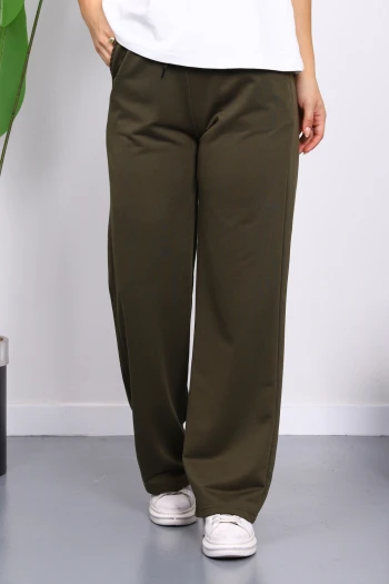 Koyu Haki Bel Lastikli İki İplik Palazzo Eşofman Alt