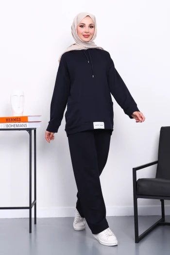 Koyu Lacivert Önü Etiketli İki İplik Tesettür Takım