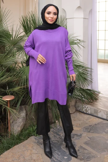 Koyu Lila Soğuk İplik Merserize Triko Kazak