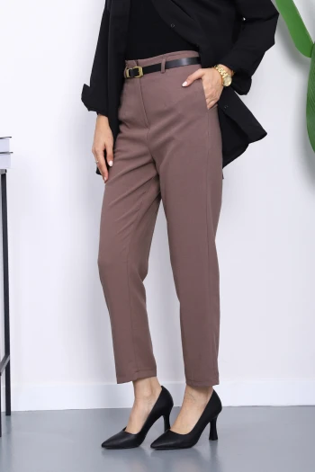 Koyuv Vizon Kemerli Önü Pensli Havuç Kumaş Pantolon