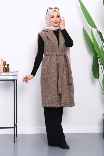 Koyuv Vizon Kruvaze Yaka Kuşaklı Keçe Yelek