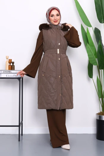 Koyuv Vizon Kürk Detaylı Kapşonlu Uzun Yelek