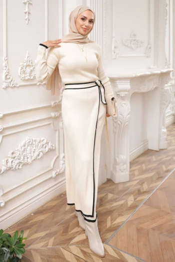 Krem Yan Bağlama Detaylı Fitilli İkili Triko Elbise