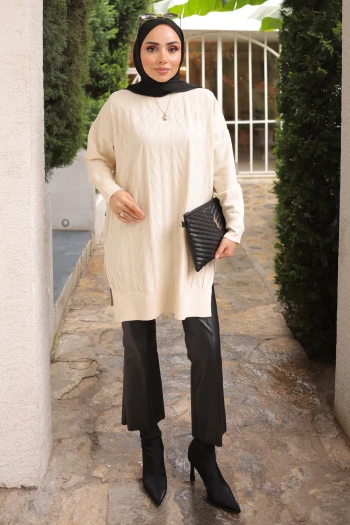 Krem Bisiklet Yaka Soğuk İplik Triko Tunik