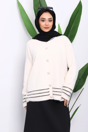 Krem Biye Detaylı Angora Yumoş Triko Hırka
