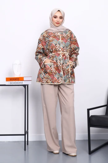 Krem Desenli Çıtçıtlı Ceket