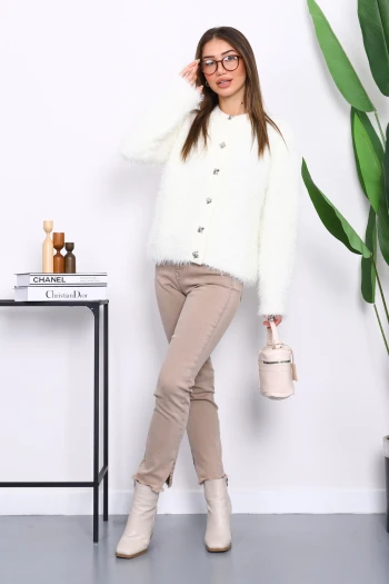 Krem Düğmeli Simli Angora Yumoş Triko Hırka