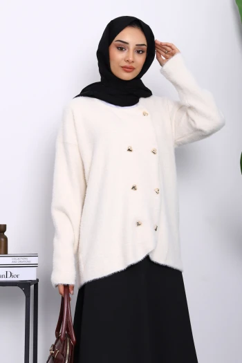 Krem Kalp Düğme Detaylı Angora Yumoş Triko Hırka