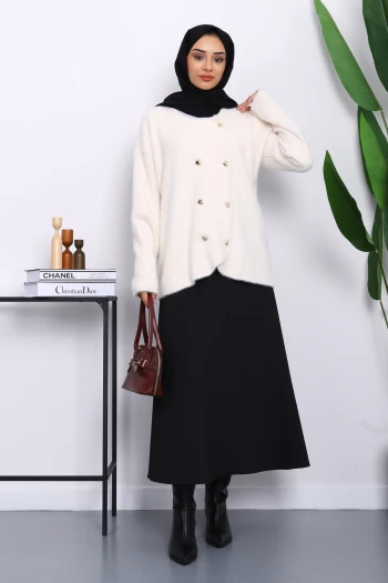 Krem Kalp Düğme Detaylı Angora Yumoş Triko Hırka
