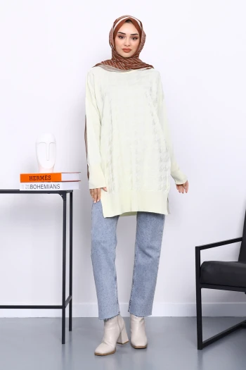 Krem Kazayağı Desenli Soğuk İplik Triko Tunik