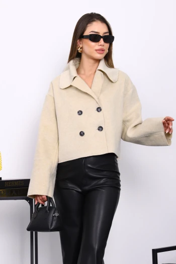 Krem Kısa Düğmeli Kaşe Ceket