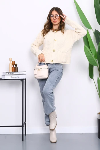 Krem Selanik Örgülü Kısa Triko Hırka