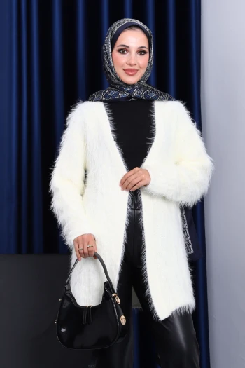 Krem Uzun Angora Yumoş Triko Hırka