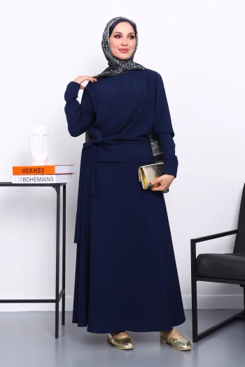 Lacivert Bel Bağlamalı Etekli Takım