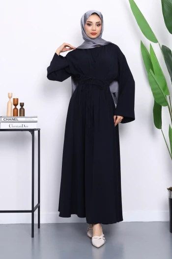 Lacivert Bel Bağlamalı Piliseli Elbise