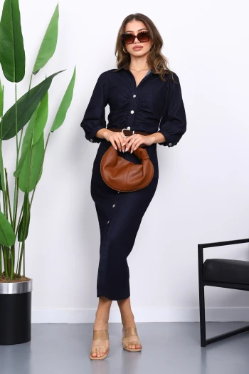 Lacivert Bel Büzgülü Kemerli Kot Elbise