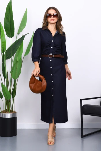 Lacivert Bel Büzgülü Kemerli Kot Elbise