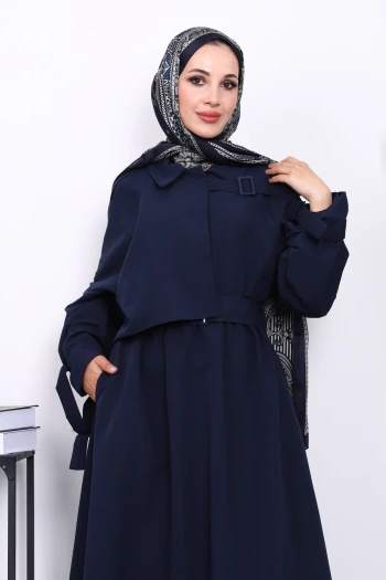 Lacivert Bel Lastikli Kemerli Trenç Elbise