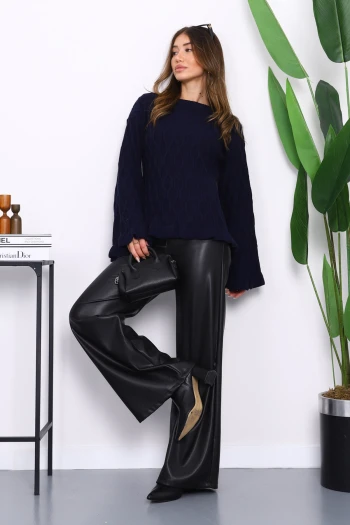 Lacivert Bel Ve Kol Ucu Fırfırlı Triko Kazak