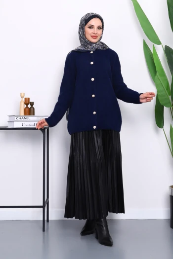 Lacivert Bisiklet Yaka Angora Yumoş Hırka