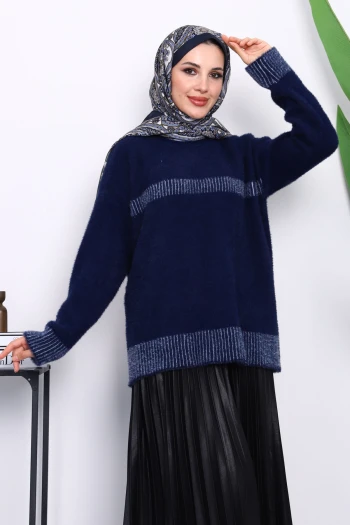 Lacivert Bisiklet Yaka Çizgili Angora Yumoş Triko Kazak