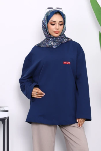 Lacivert Bisiklet Yaka İki İplik Oversize Sweatshirt