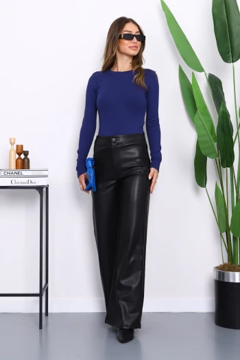 Lacivert Bisiklet Yaka Modal Crop Bluz