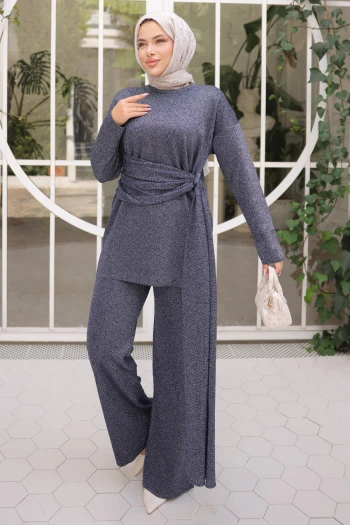 Lacivert Bisiklet Yaka Simli Pantolonlu Takım