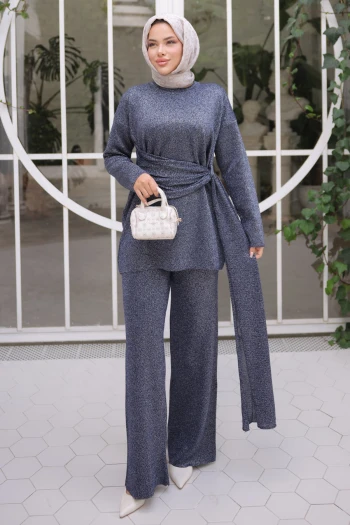 Lacivert Bisiklet Yaka Simli Pantolonlu Takım