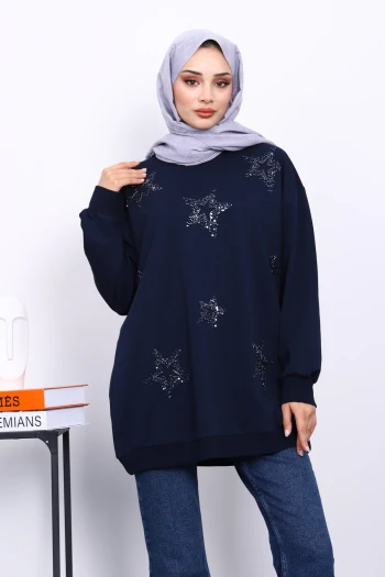 Lacivert Bisiklet Yaka Taşlı Modal Sweatshirt