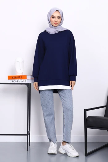 Lacivert Bisiklet Yaka Yan Fermuarlı Tunik
