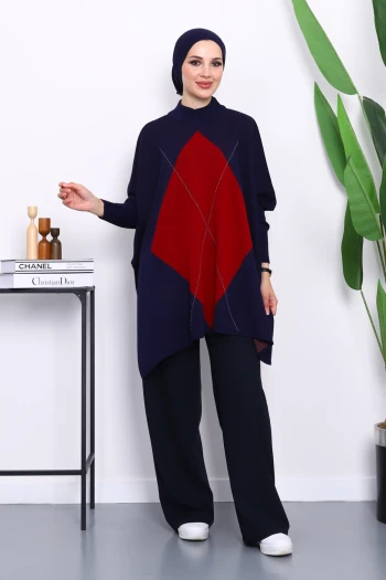 Lacivert Bisiklet Yaka Yan Yırtmaçlı Panço