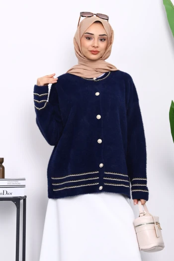 Lacivert Biye Detaylı Angora Yumoş Triko Hırka