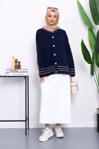 Lacivert Biye Detaylı Angora Yumoş Triko Hırka