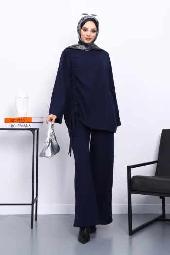 Lacivert Büzgü Detaylı Fitilli Tunik Pantolonlu Takım