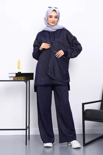 Lacivert Çantalı Simli Tunik Pantolonlu Triko Takım