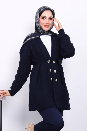 Lacivert Cep Detaylı Yumoş Triko Hırka