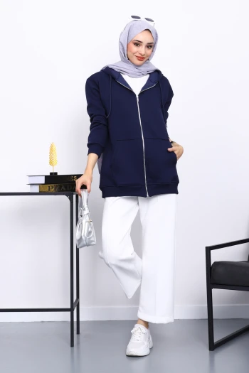 Lacivert Cepli Fermuarlı Üç İplik Kapşonlu Sweat