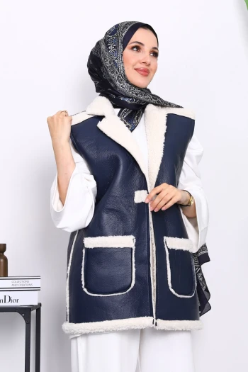 Lacivert Cepli Kürklü Deri Yelek