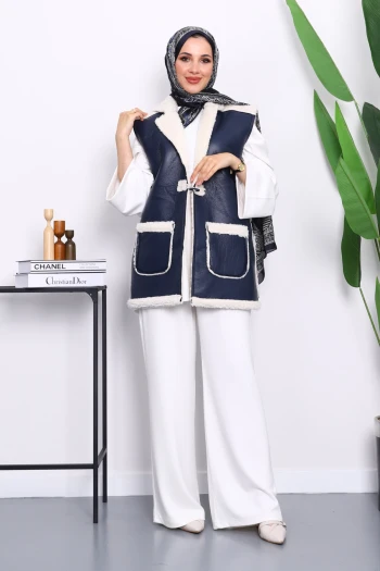 Lacivert Cepli Kürklü Deri Yelek