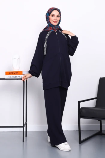 Lacivert Çift Cepli Taş İşlemeli Modal Takım