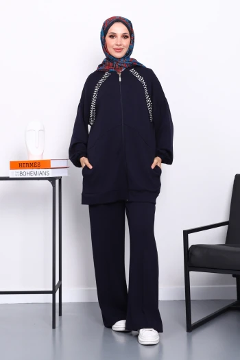 Lacivert Çift Cepli Taş İşlemeli Modal Takım