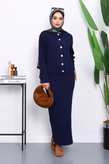 Lacivert Crop Hırka Triko Elbise İkili Kombin