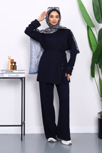 Lacivert Düğme Detaylı Tunik Pantolonlu Modal Takım