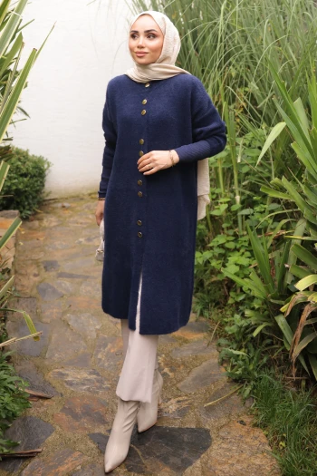 Lacivert Düğmeli Angora Yumoş Triko Hırka