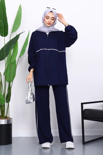 Lacivert Fermuarlı Sweat Pantolonlu Modal Takım